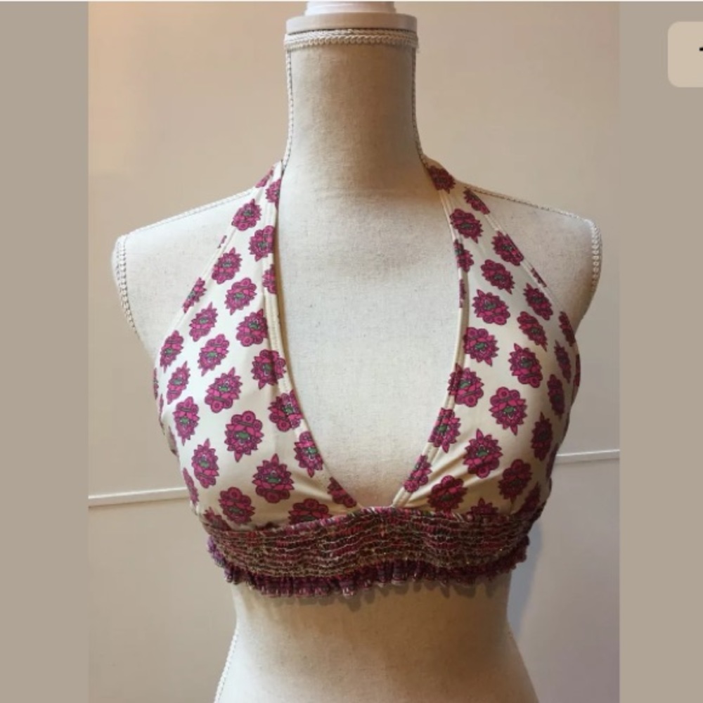 Juicy couture halter floral smocked bikini top L